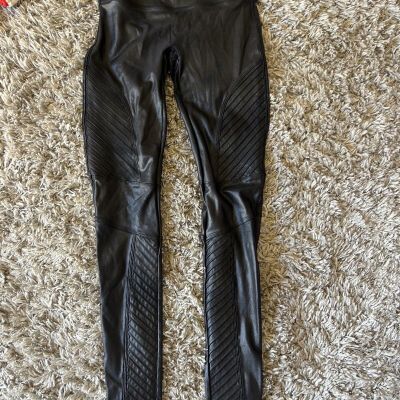 Spanx Womens Leggings Faux Leather Moto Mid Rise Black